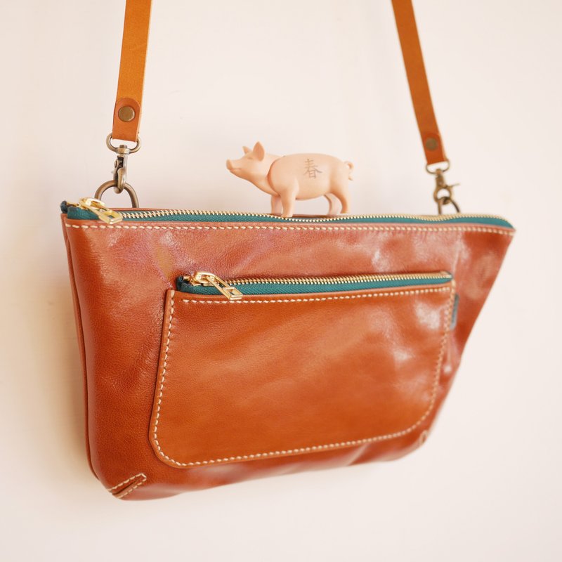 旅行的三用包 - 手拿包 - 真皮 橘色