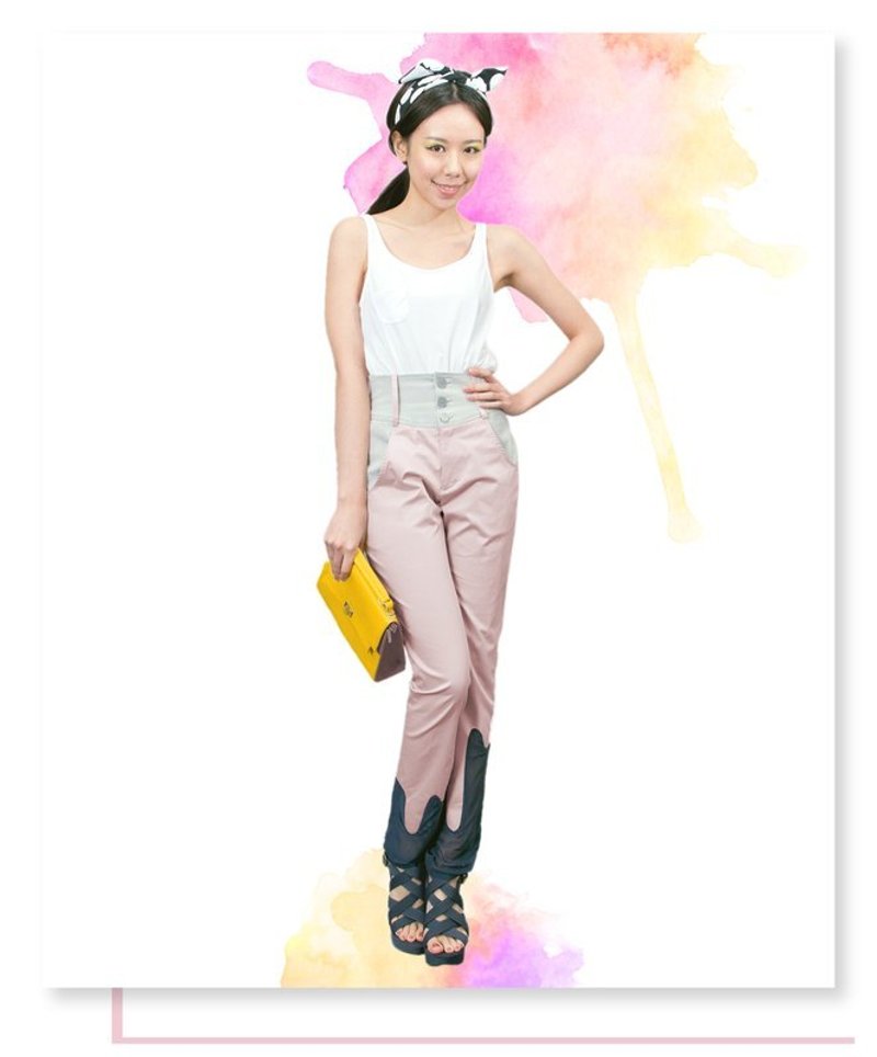 【Pants】高腰剪接融化拼贴长裤●粉x灰x黑拼接●Spring Beginning - 女装长裤 - 其他材质 