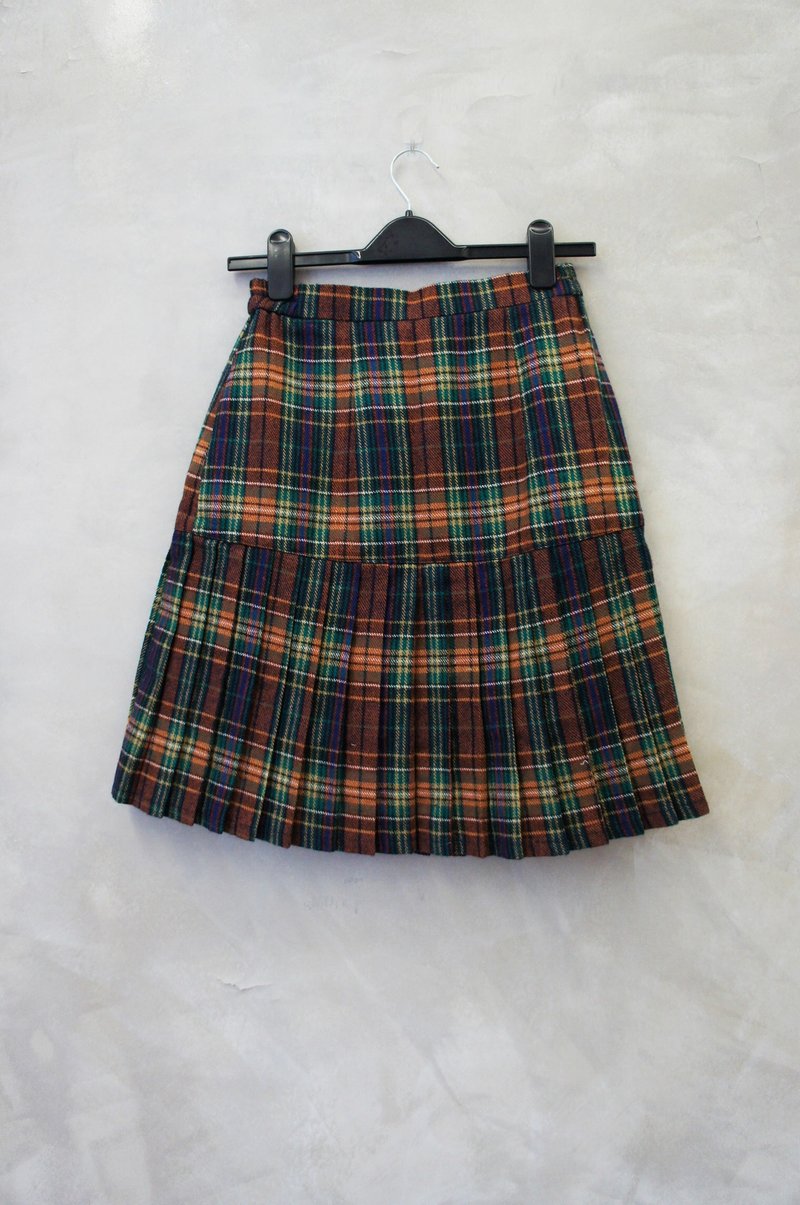蓝绿色系咖啡格纹 温暖调 百褶毛料短裙 PdB 古着 - 裙子 - 其他材质 咖啡色