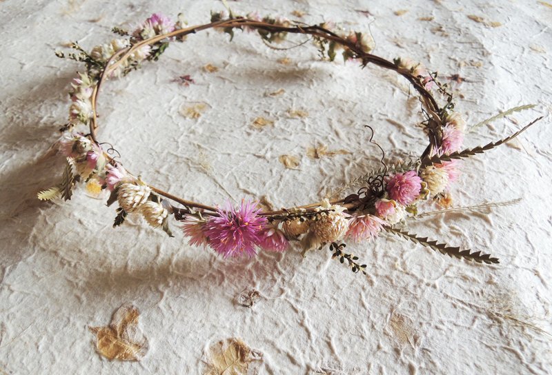 微甜·圈 手作 粉嫩甜蜜 草原风 粉千日红 烟火 雪梅 藤编 干燥花 花冠儿 - 发饰 - 植物．花 粉红色