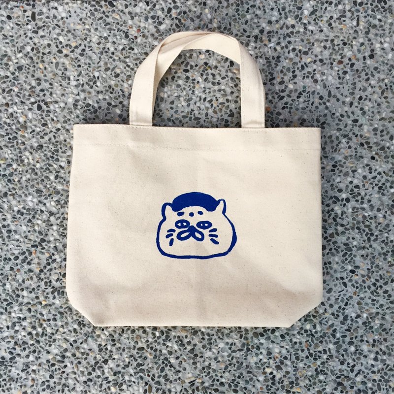 愚蠢的人类-五郎(猫)帆布小手提袋/双面手工绢印--海军蓝 - 手提包/手提袋 - 其他材质 白色