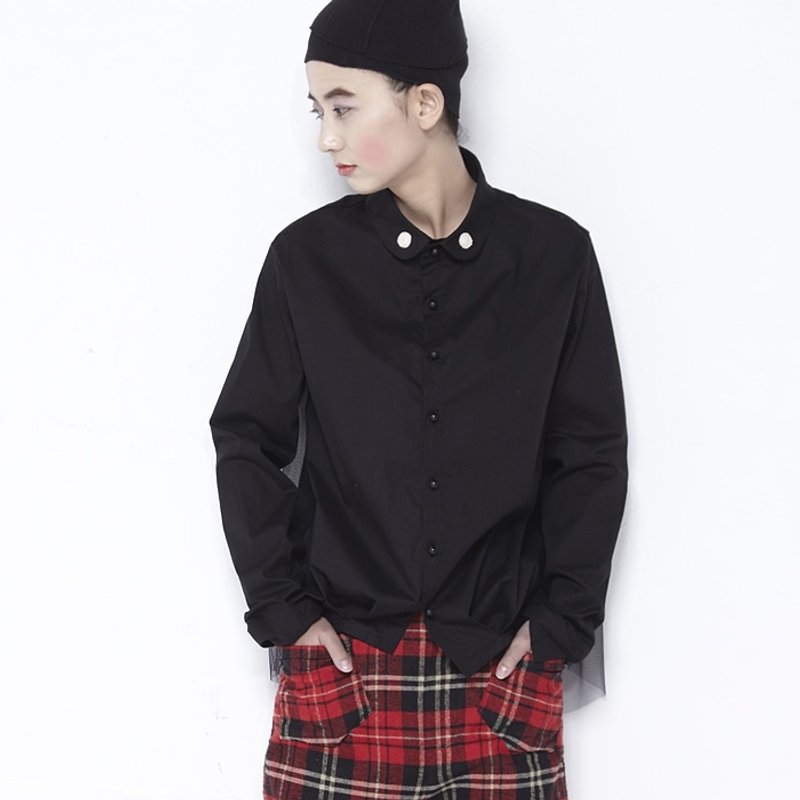 背缀纱黑衬衫 - imakokoni - 女装衬衫 - 棉．麻 黑色