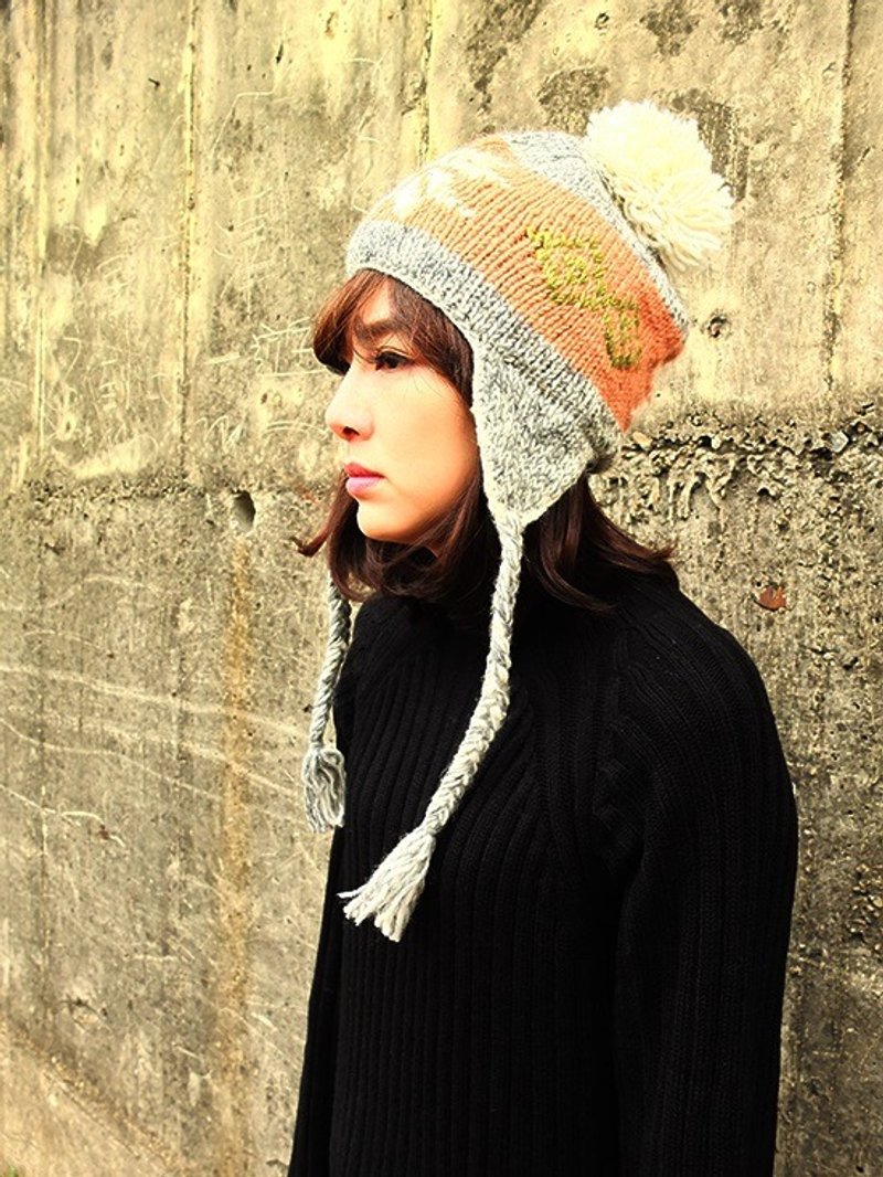 羊毛 手工编织 毛帽 雪花图腾 粉红 浅灰 - 帽子 - 羊毛 粉红色