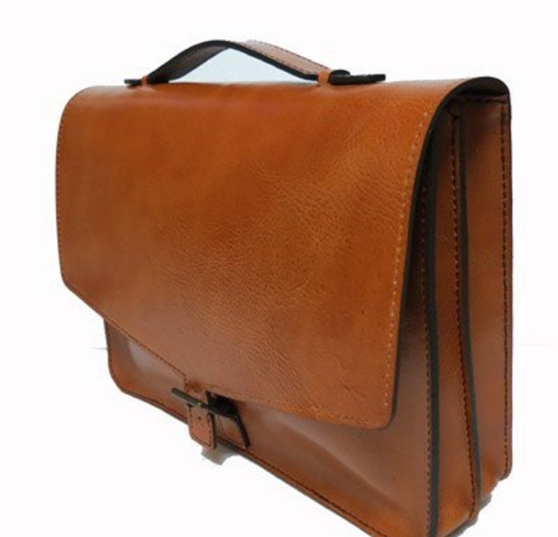 意大利植物鞣摔花皮公文包/Chang Che Chia鞄制造所 - 手提包/手提袋 - 真皮 咖啡色