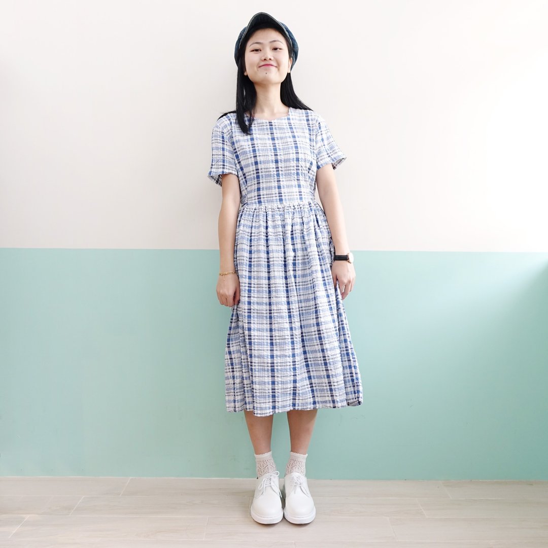 SALE 蓝白餐格皱布短袖洋装 - 洋装/连衣裙 - 棉 蓝色