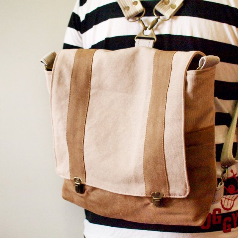 1pinfun 帆布 麂皮布 两用 后背包 米白色 驼色* - 后背包/双肩包 - 其他材质 卡其色