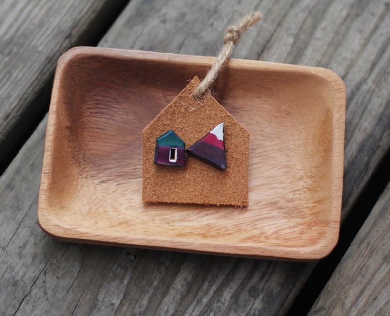 青山、小房子皮革耳环 - 家如此美好 - 蓝 / 紫 - 耳环/耳夹 - 真皮 紫色