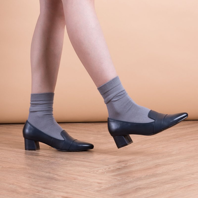 【质感原味】复古擦焦粗跟乐福鞋-午夜灰蓝 - 女款牛津鞋/乐福鞋 - 真皮 蓝色