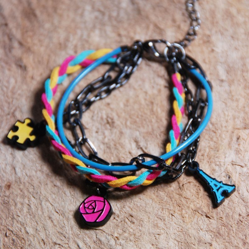 ✱玫瑰花✱/巴黎铁塔浪漫风/桃红·水蓝·黄编绳搭配多层次手链 - 手链/手环 - 塑料 红色