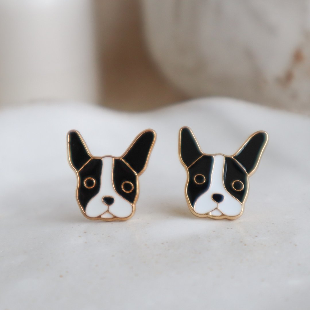 法斗犬 French Bulldog 个性狗狗  夹式 耳环 - 耳环/耳夹 - 珐琅 黑色