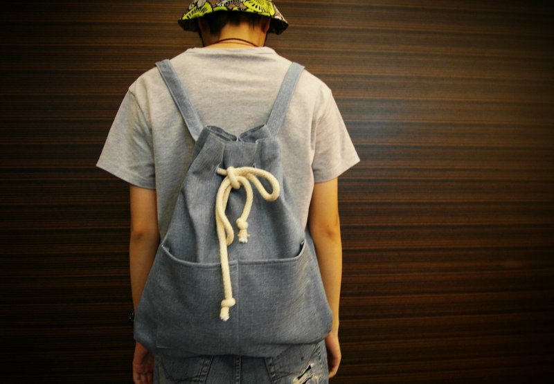 麻料后背包/束口包(浅蓝色) - 后背包/双肩包 - 其他材质 蓝色