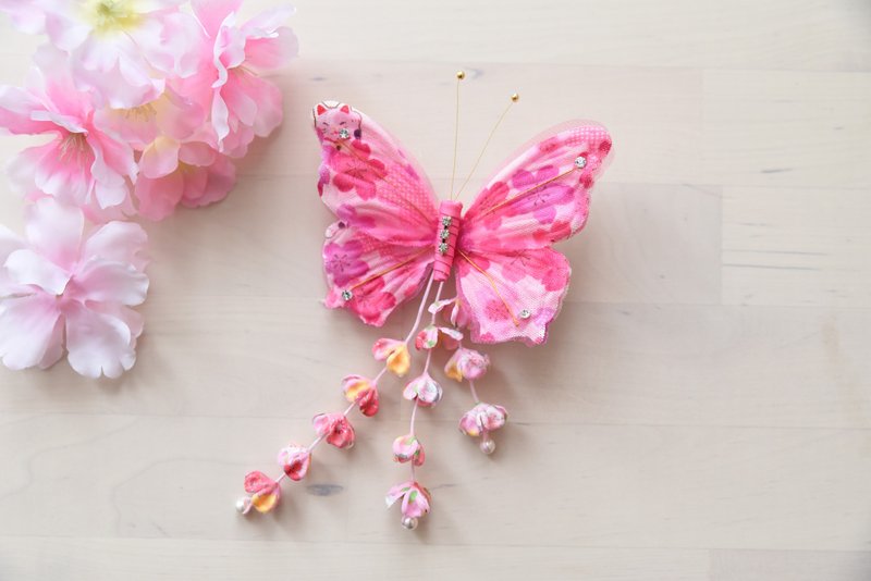 Angel Nina 手作日式流苏蝴蝶发夹 花布  粉红 - 发饰 - 棉．麻 