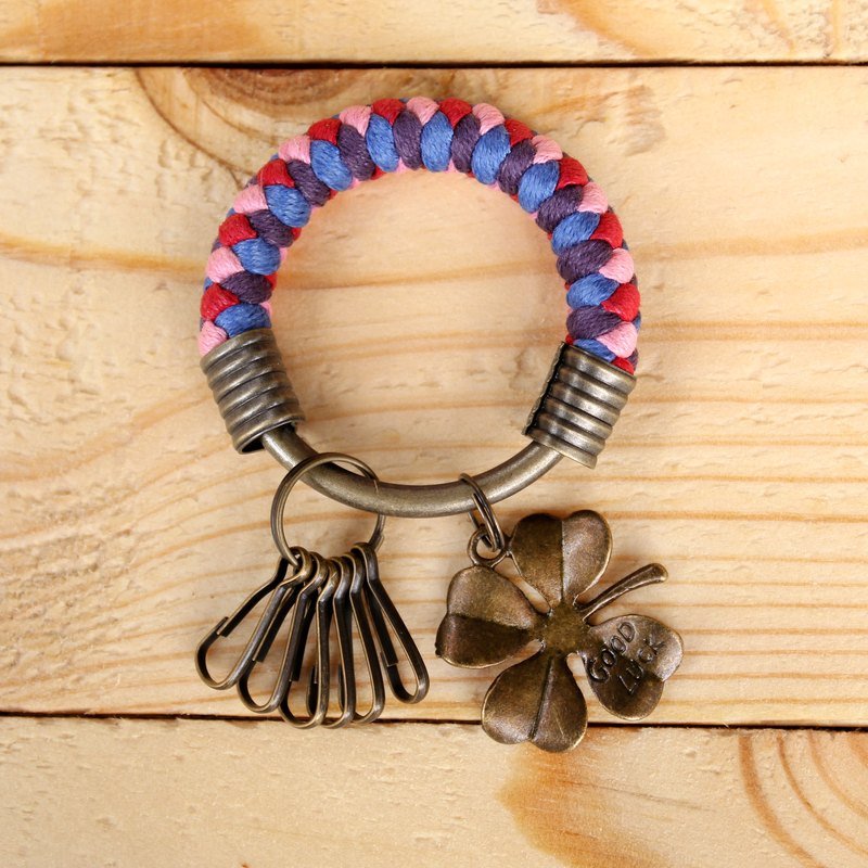 四色纯手工编织腊绳铁环钥匙圈(小)/客制化 - 吊饰 - 其他金属 多色