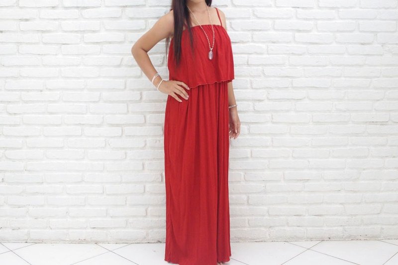 Frill camisole long dress <Red> - 洋装/连衣裙 - 其他材质 红色