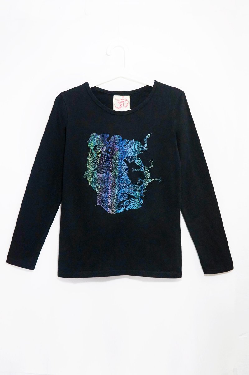 手感森林风棉质长袖上衣 / 心灵之图系列旅行记忆脸庞 (  黑 ) - 女装 T 恤 - 棉．麻 黑色