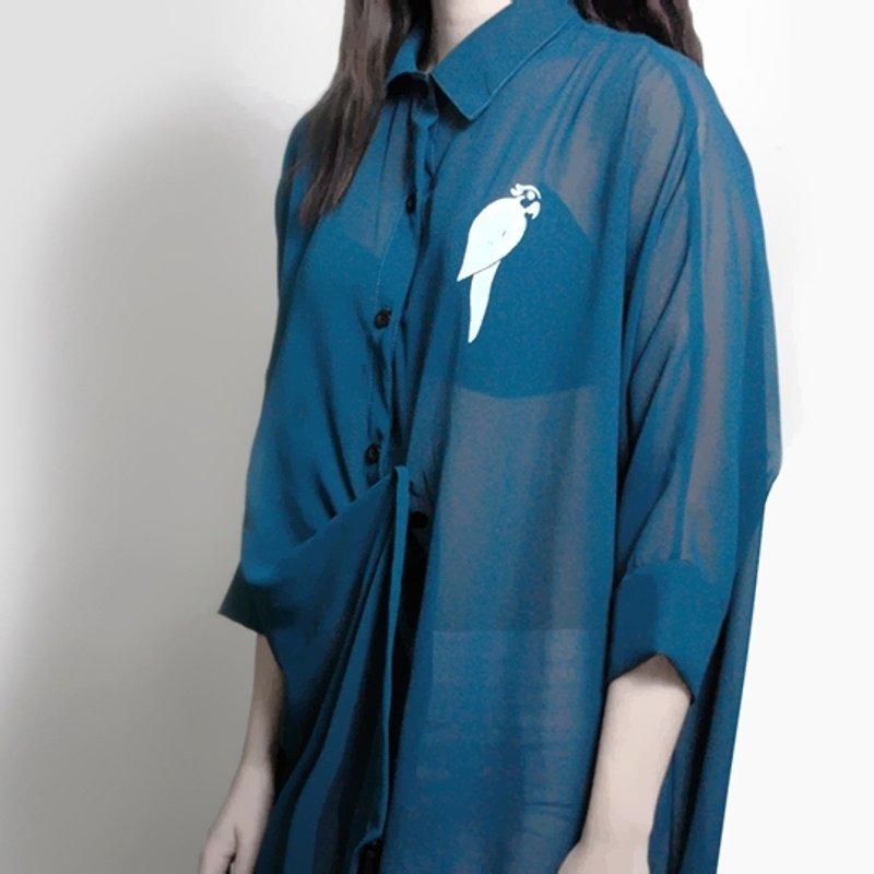 【墨儿推荐】养一只鹦鹉先生／森林长版衬衫洋装 - 洋装/连衣裙 - 其他材质 绿色