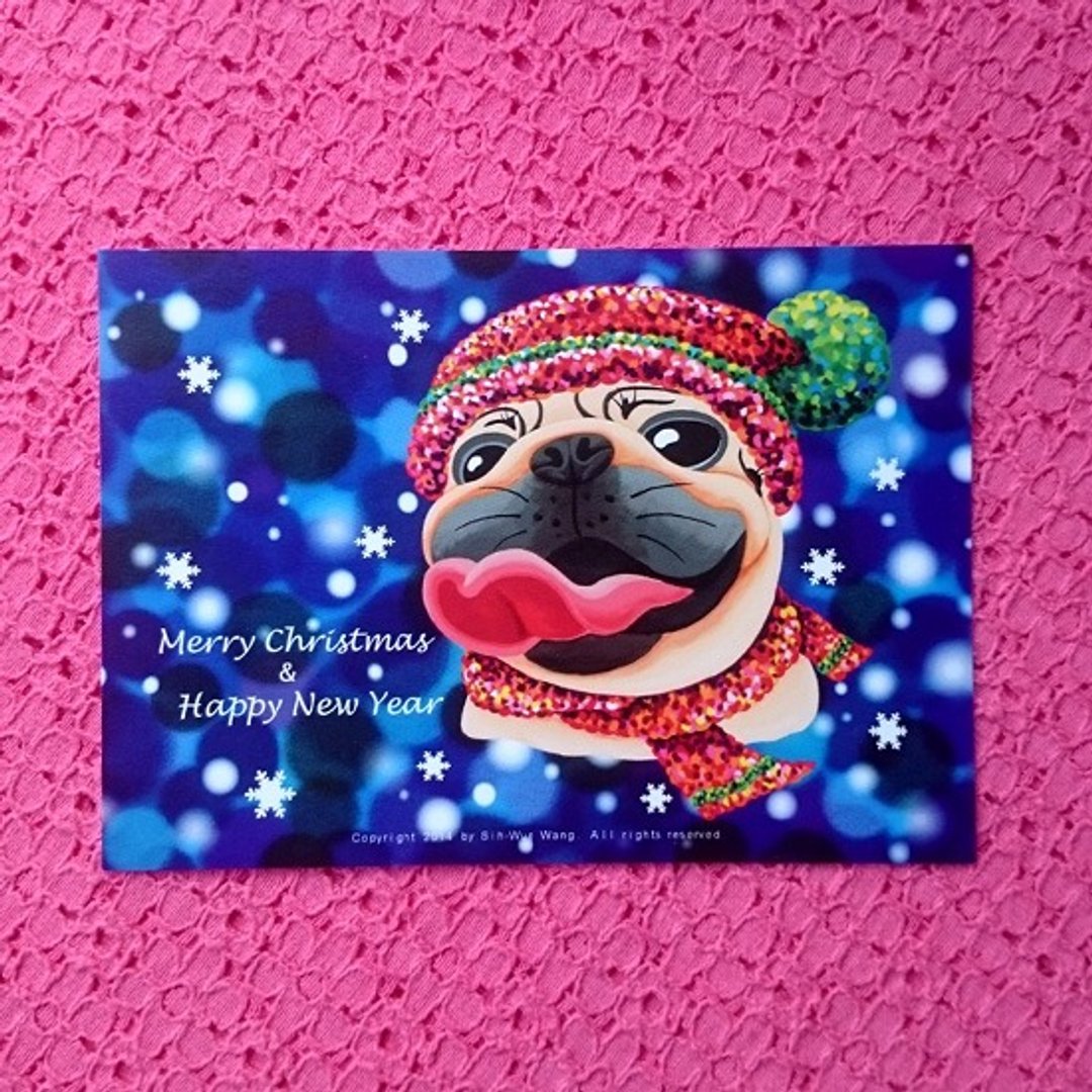 Merry Christmas & Happy New Year 巴哥明信片-01 - 卡片/明信片 - 纸 白色