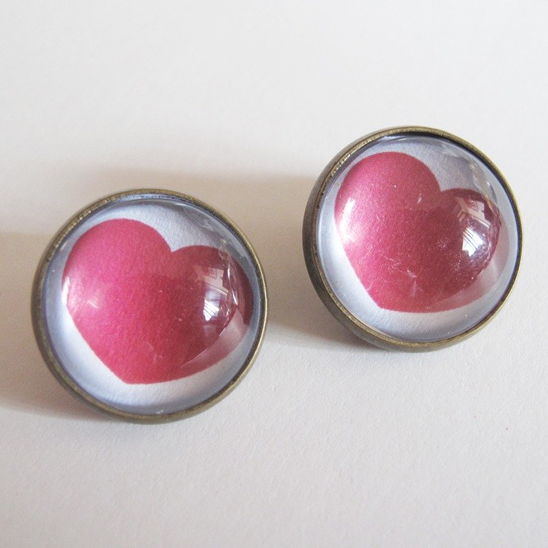 圆形耳夹耳针 - 我的心跟着你总是不在教室里(白底桃心) - 耳环/耳夹 - 其他金属 粉红色