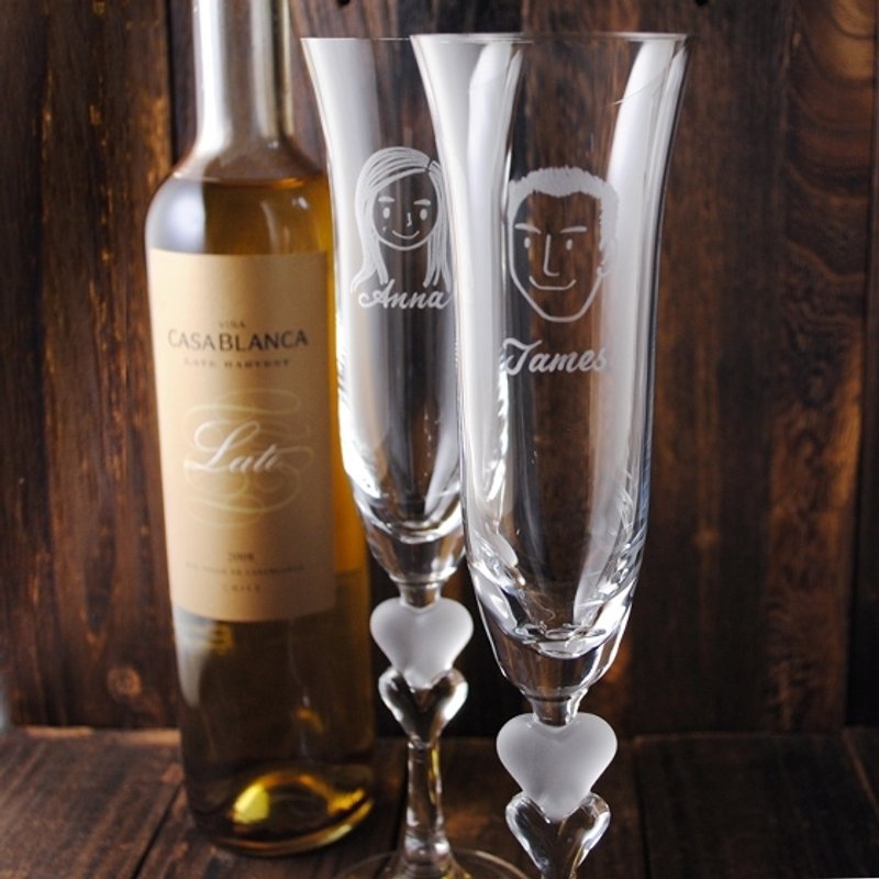 (一对价)340cc【MSA 婚礼专用对杯】(简易Q版娃娃肖像)德国SPIEGELAU 白金水晶心心相印香槟杯 结婚对杯心形-GA1052 - 订制画像 - 玻璃 白色