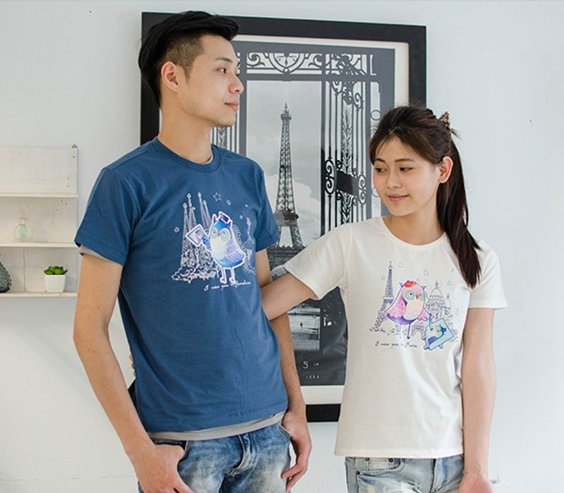 【世界旅行猫头鹰】情侣装/短袖T-shirt/献给喜欢旅行的情侣 - 男装上衣/T 恤 - 棉．麻 蓝色