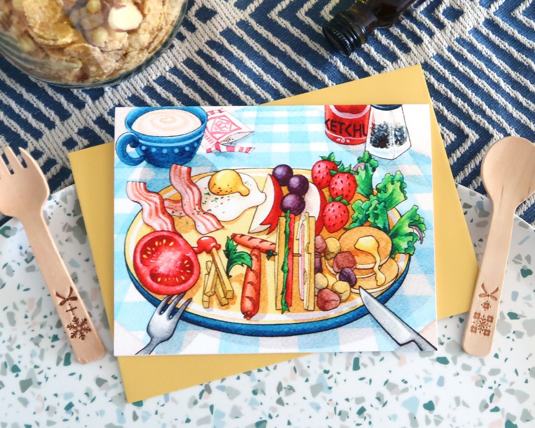 【Pin】寿星的国王早餐 - 水彩插画生日卡 - 卡片/明信片 - 纸 多色