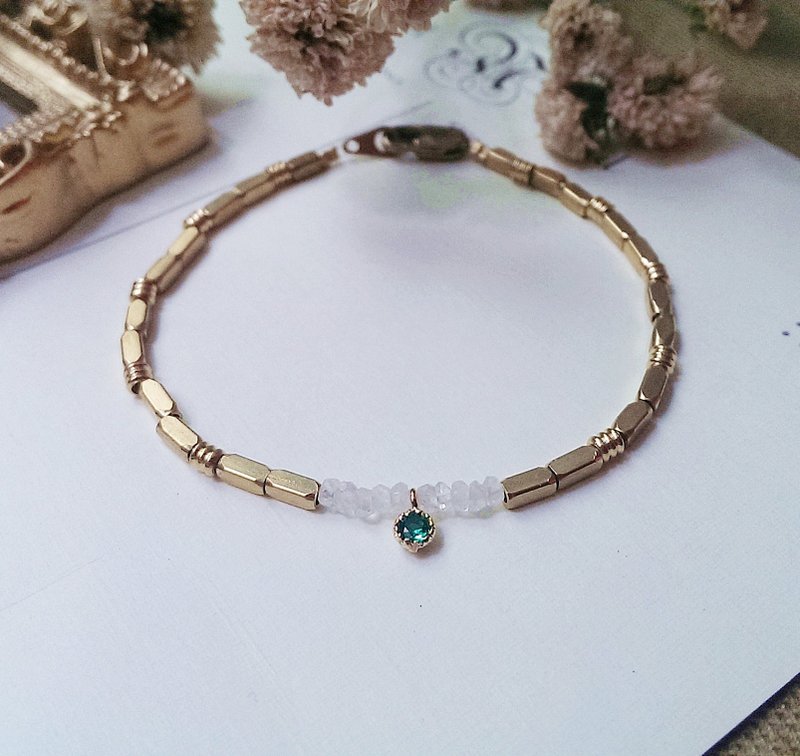 祖母绿细钻、月光石、天然淡水珍珠　✄  黄铜 手链 手环 - 手链/手环 - 其他金属 绿色