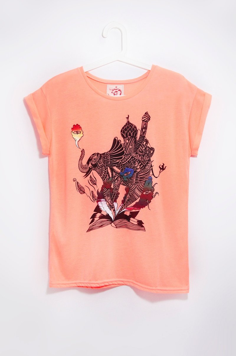 女装手感短袖长版上衣 - 印度大象 ( 萤光橘 ) - 女装 T 恤 - 棉．麻 橘色