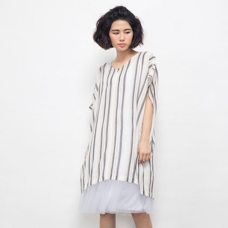 涓流条纹v领洋装/罩衫-蓝 - 女装上衣 - 其他材质 蓝色