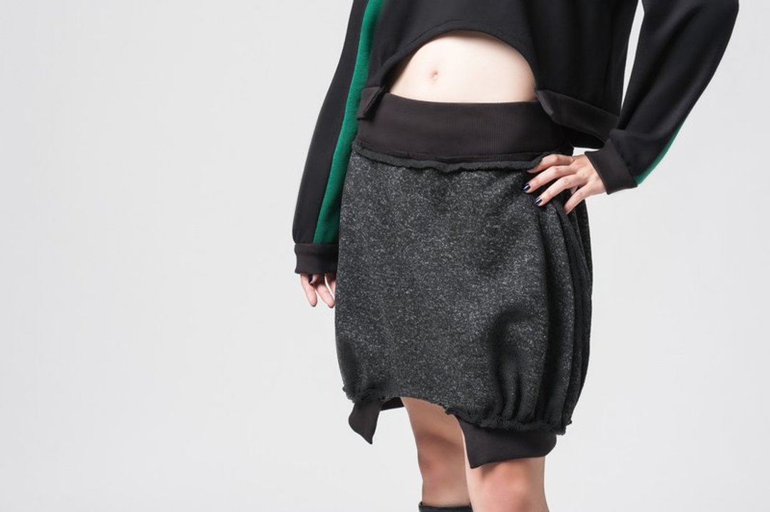 【SKIRT】双面穿毛料短裙-黑灰 - 裙子 - 聚酯纤维 黑色