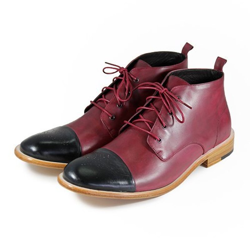 Sweet Villians M1101 手工真皮男女踝靴短靴 黑酒红色 - 男款靴子 - 真皮 红色
