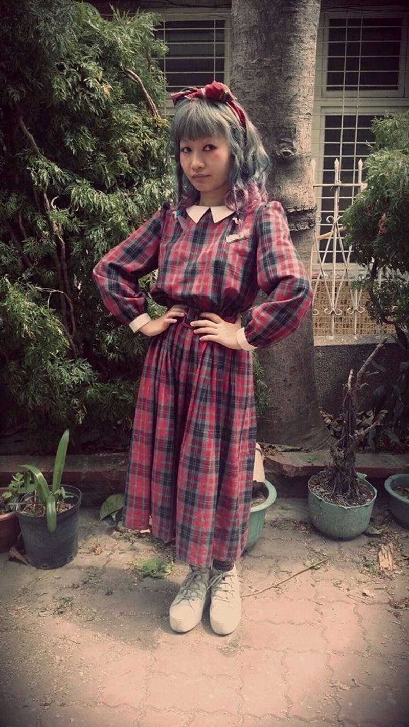 红格子连身洋装！！脱臼!!古着!! - 洋装/连衣裙 - 其他材质 红色