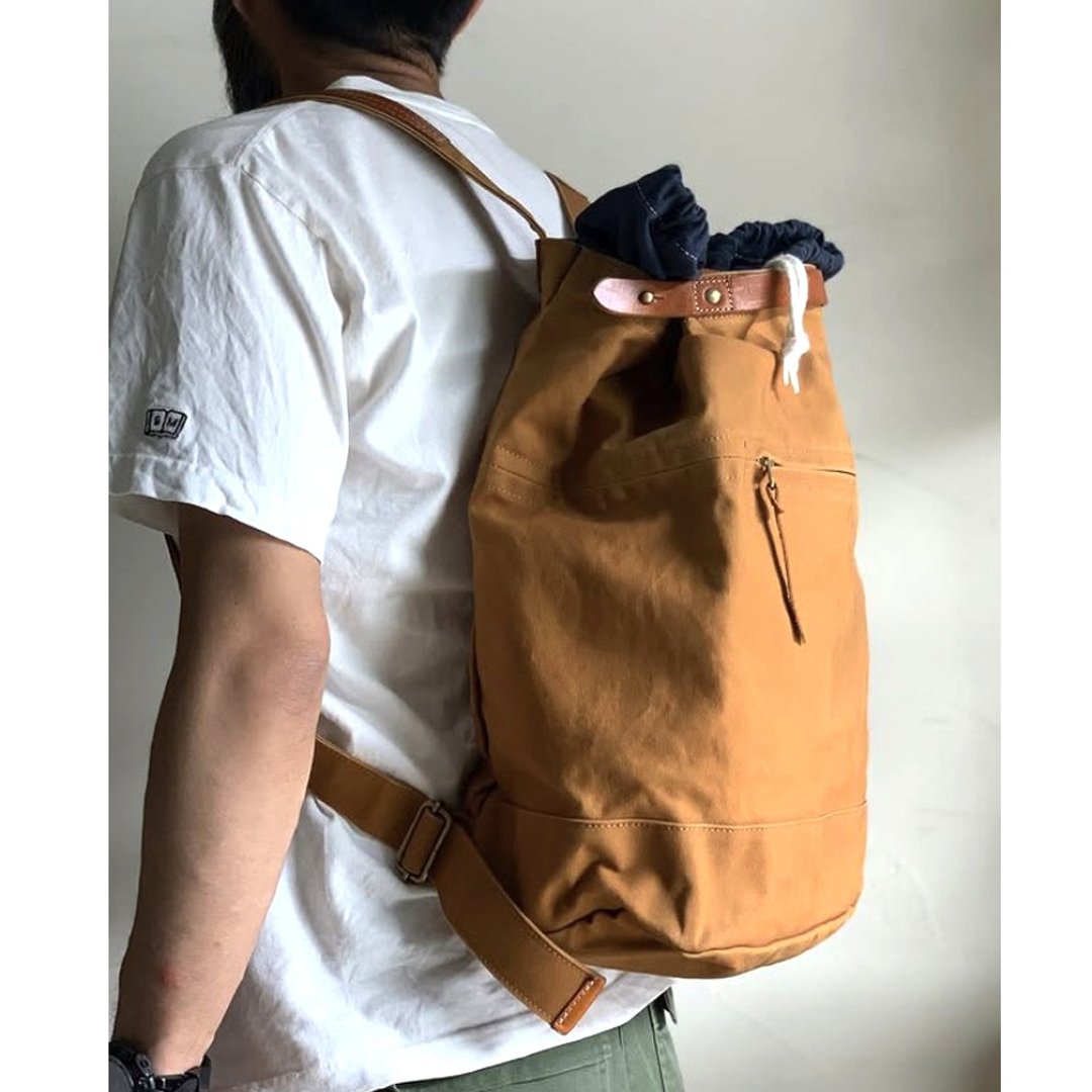 日本简约皮革滚边防泼水后背包 Made in Japan by SUOLO - 束口袋双肩包 - 棉 