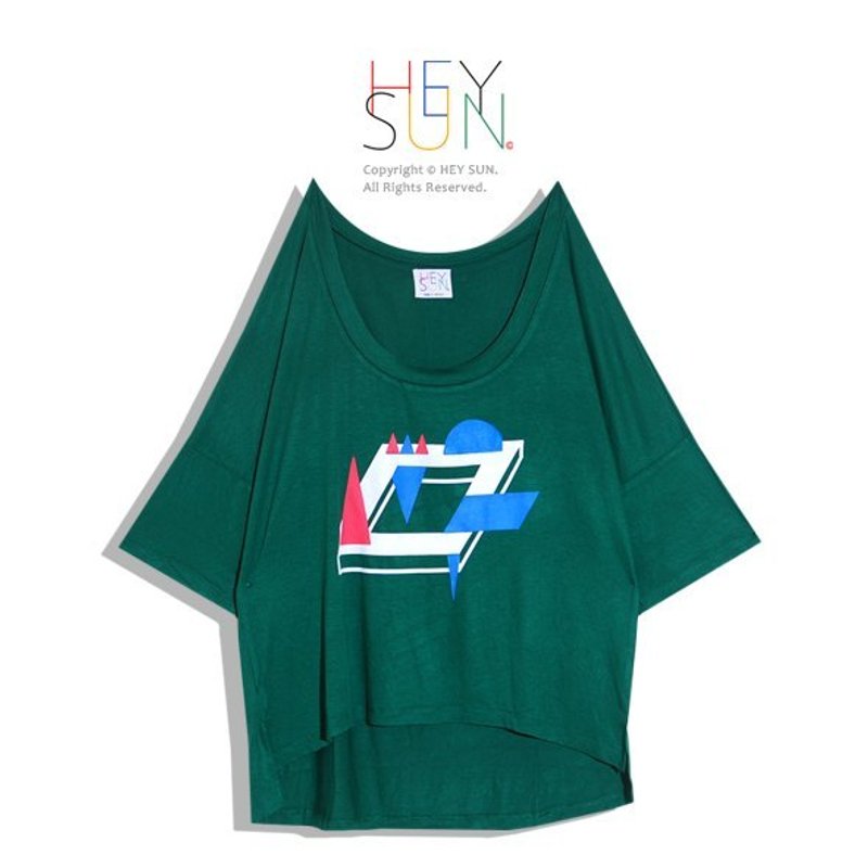 【M0198】HEY SUN独立手作品牌·撞色的几何切割世界-前短后长飞鼠袖上衣-最后一件 售完绝版 - 女装 T 恤 - 棉．麻 绿色
