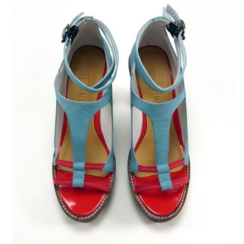 Sweet Villians “T”字带双色厚底木跟凉鞋 W1034，天蓝 - 女款休闲鞋 - 真皮 