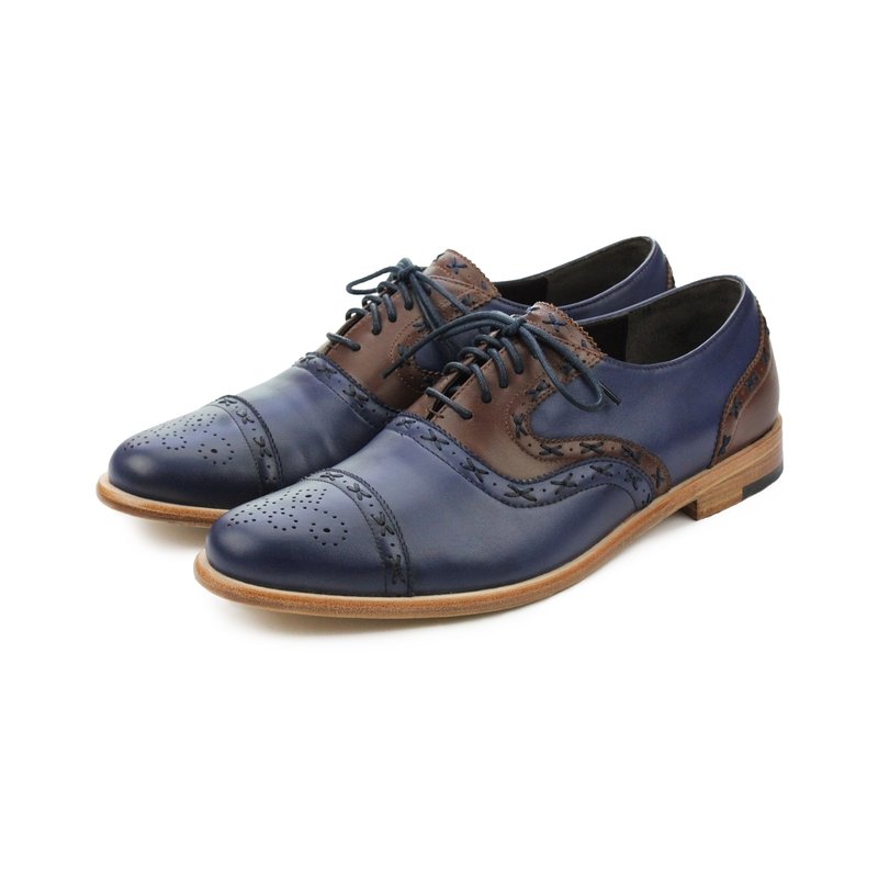Sweet Villians M1093C 手工真皮雕花牛津鞋 蓝咖色 - 男款牛津鞋/乐福鞋 - 真皮 多色