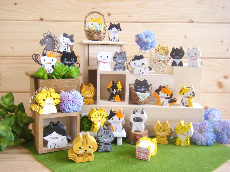 手绘木头猫咪钥匙圈 - 钥匙链/钥匙包 - 木头 多色