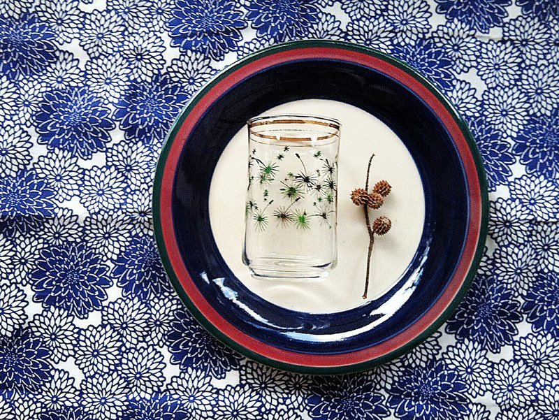 蒲公英飘飘复古老玻璃杯.水杯.饮料杯.花瓶.花器::老件.限量一只.上缘有金色线条:: - 咖啡杯/马克杯 - 玻璃 绿色