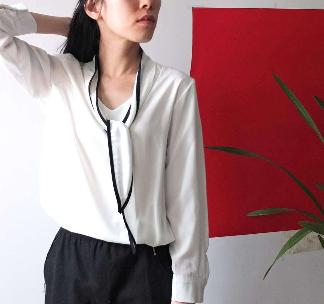 法式黑白领结式衬衫 - 女装衬衫 - 其他材质 