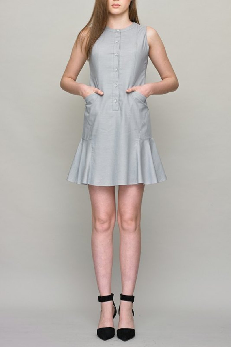 衬衫式裙摆洋装 - 洋装/连衣裙 - 棉．麻 蓝色