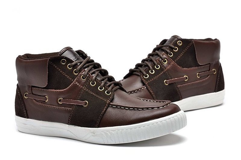 双皮拼接真皮帆船板鞋 咖啡 - 男款休闲鞋 - 真皮 咖啡色