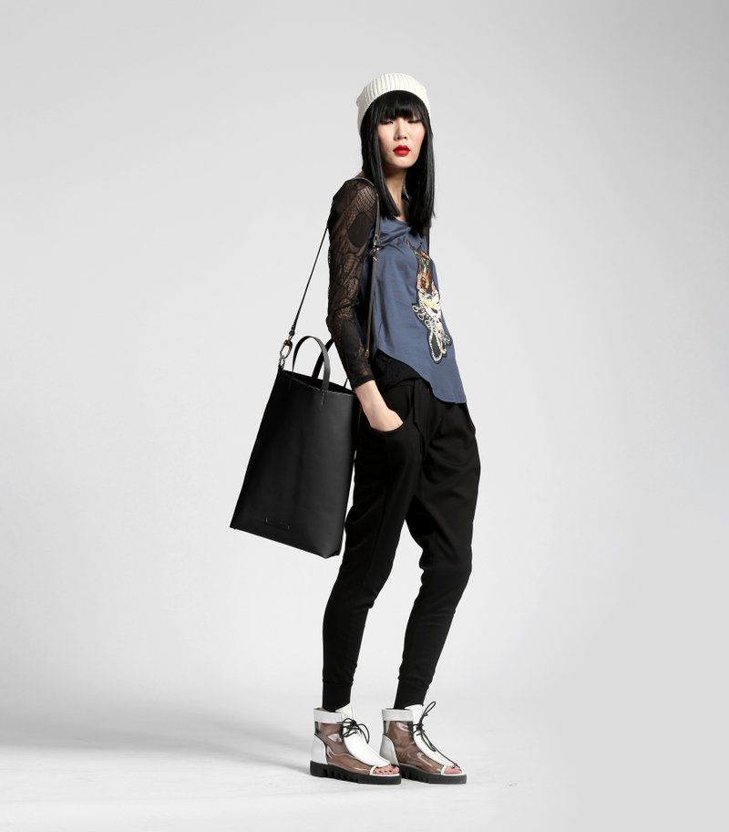 Zemoneni 全手作 黑色 超大 牛皮革 背包 手拎包 - 侧背包/斜挎包 - 真皮 黑色