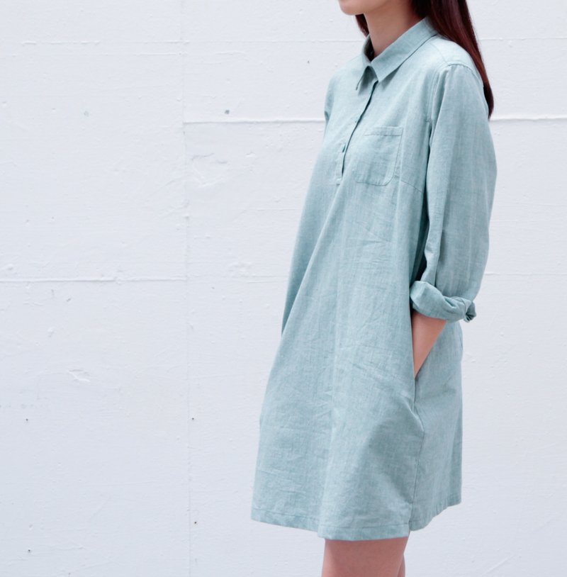 衬衫1号 - 湖水绿 秋冬纯棉 长袖 长版休闲衬衫 - 女装衬衫 - 棉．麻 绿色