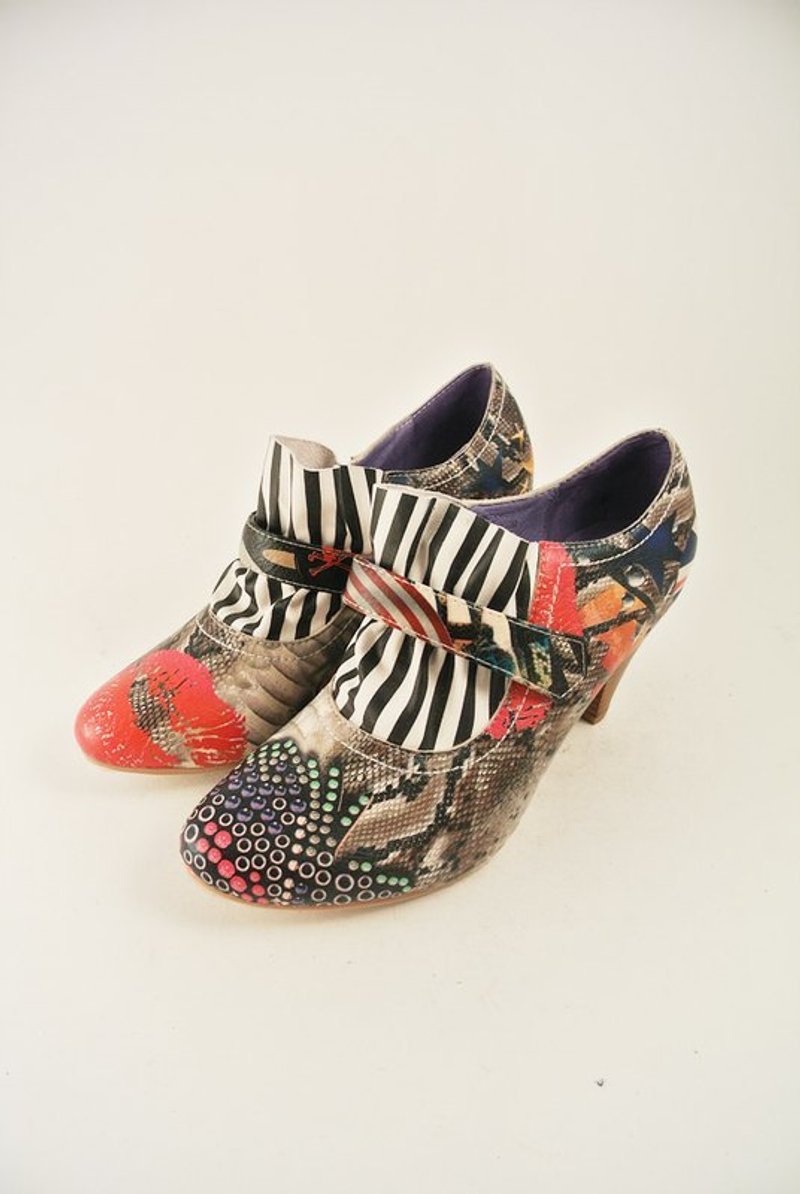 动物伤感．图纹花中跟踝鞋 - 女款休闲鞋 - 真皮 咖啡色