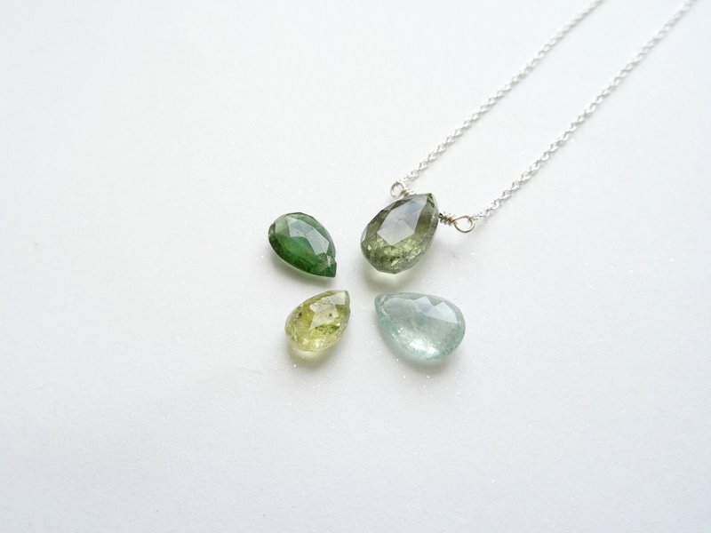 ::轻珠宝:: 单颗水滴切面 Tourmaline 碧玺纯银裸感项链 / 锁骨链 (浅橄榄绿) - 项链 - 宝石 绿色