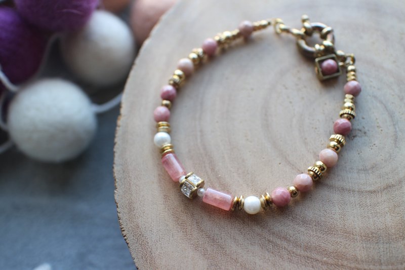 粉红菲菲~红纹石/黄铜/锆石/天然石 手链 - 手链/手环 - 其他金属 