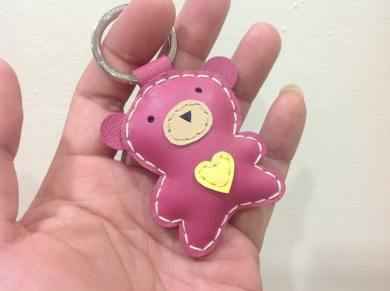 {Leatherprince 手工皮革} 台湾MIT 粉红色 可爱 小熊 纯手工缝制 皮革钥匙圈 - 吊饰 - 真皮 粉红色
