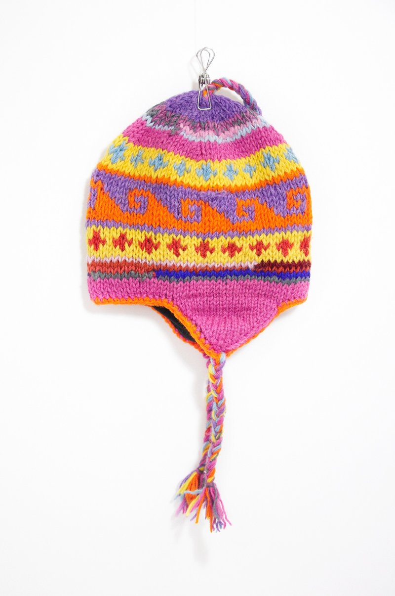 手工编织纯羊毛帽/飞行毛帽 - 缤纷图腾桃红色 ( 仅一件 ) - 帽子 - 其他材质 多色