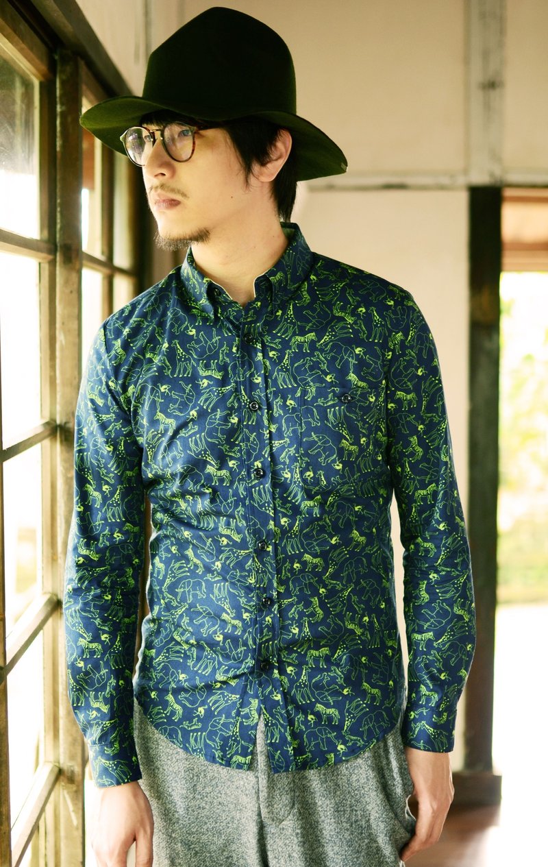 长颈鹿 大象 老虎 鹤 动物印花萤光绿印花 长袖 衬衫 - 男装衬衫 - 其他材质 蓝色