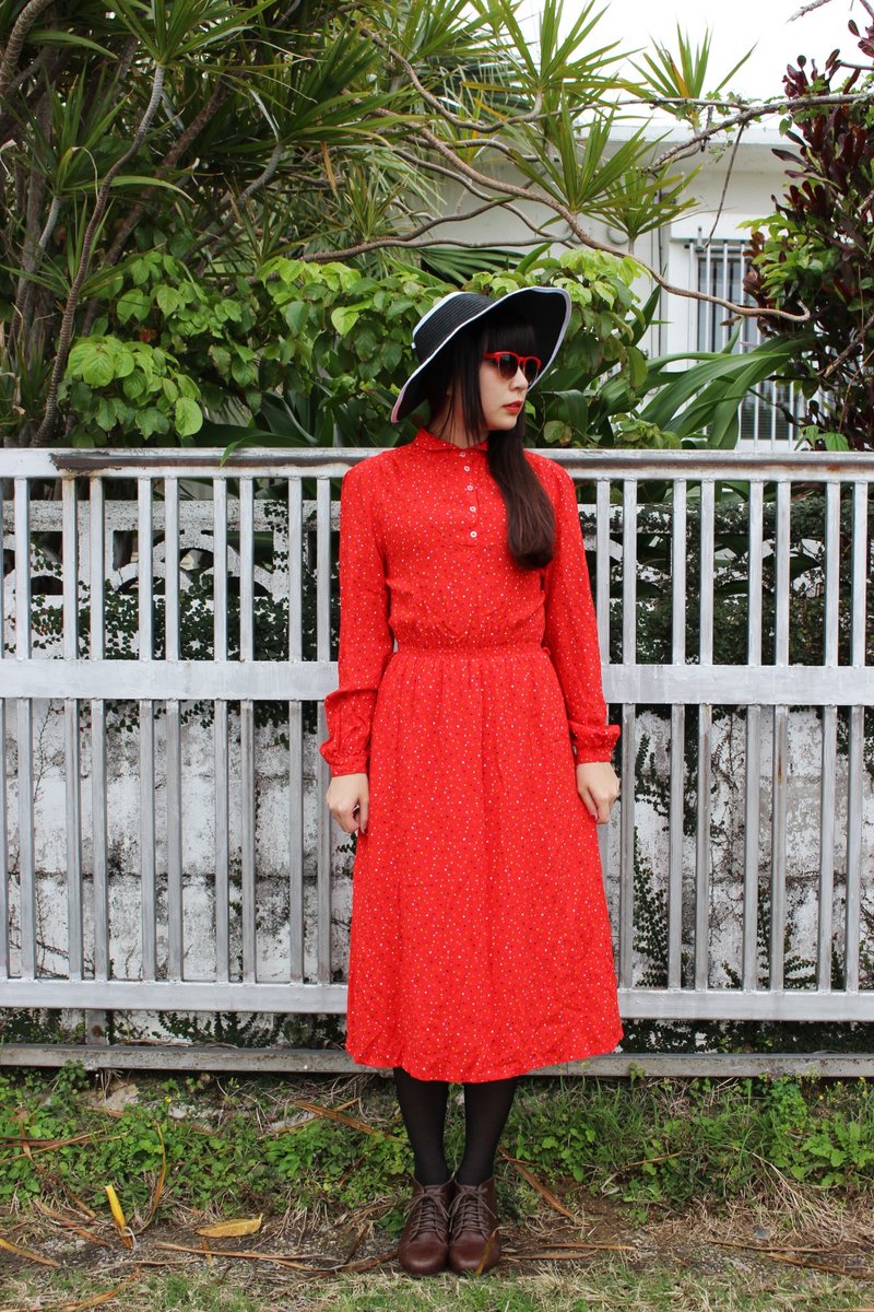 F703(Vintage)正红色点点棉质长袖古着洋装 - 洋装/连衣裙 - 其他材质 红色