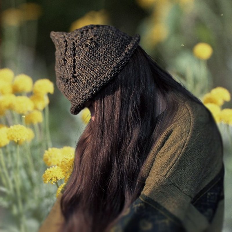 ✡古董线针织小矮人帽 - 黑麦✡ 纯手工针织 尖顶毛线帽 叶脉型花纹深咖啡亚麻极深黑灰 - 帽子 - 其他材质 黑色